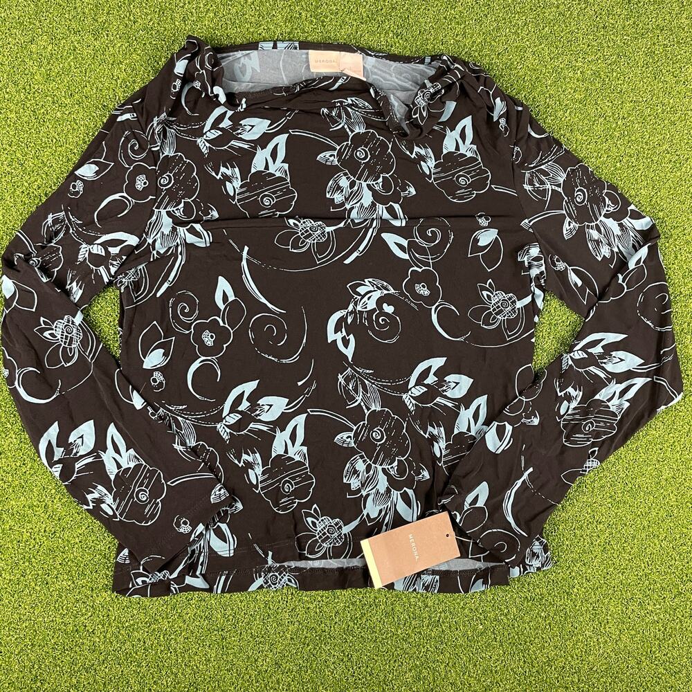 Merona Black Blue Floral Long Sleeve Stretch Cowl Neck Blouse Sz L NEW